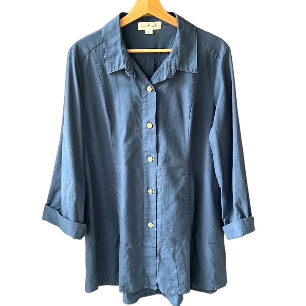 Simply Noelle Periwinkle Lagenlook Cotton Linen Tunic Button Down Top. L/XL